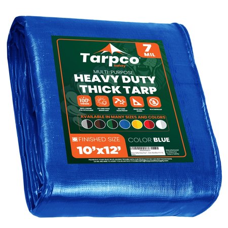 TARPCO SAFETY 10 ft x 12 ft Heavy Duty 7 Mil Tarp, Blue, Polyethylene, Waterproof, Rip and Tear Proof TS-205-10X12